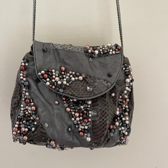 Grace Ann Agostino Embellished Evening Shoulder Bag Gray Leather Patchwork Beads - Picture 3 of 16